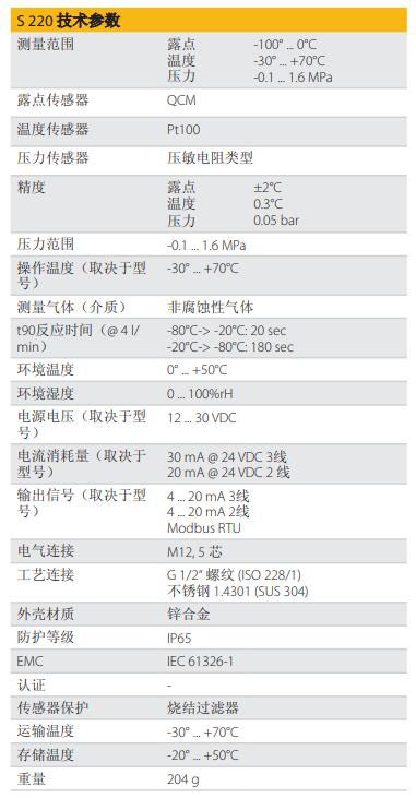 德國希爾思S 220露點傳感器的參數